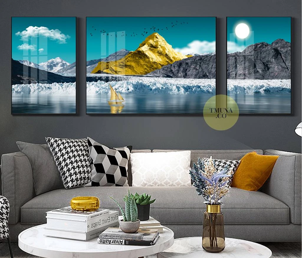 רכס הרים על מים מושלגים - סט תמונות נוף מזכוכית לסלון או למשרד דגם 3728520