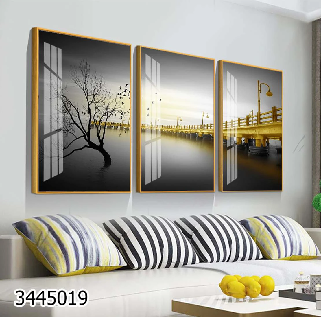 סט 3 תמונות של נוף עצים וגשר על זכוכית לסלון דגם 3445019