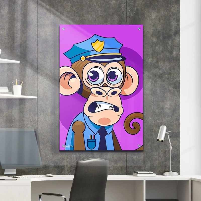 קוף שוטר תמונת זכוכית לקליניקה בגווני סגול, כחול הדפסה על זכוכית בעלי חיים - דגם alvtm46p2751