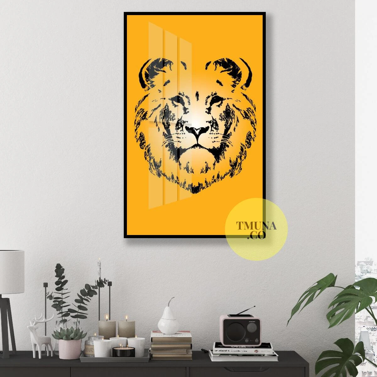 פני האריה - הדפס ייחודי של אריה בכתום חרדל שחור בסגנון מינימליסטי למשרדים או לחדרי שינה נוער דגם 134952