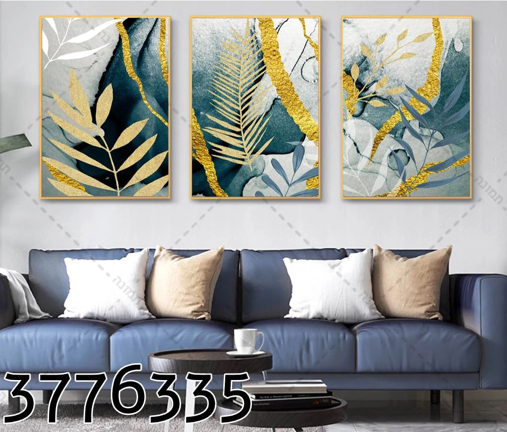 שלישיית תמונות קנבס 'עלים בגווני אפור ירוק זהב' לתלייה בסלון דגם 3776335