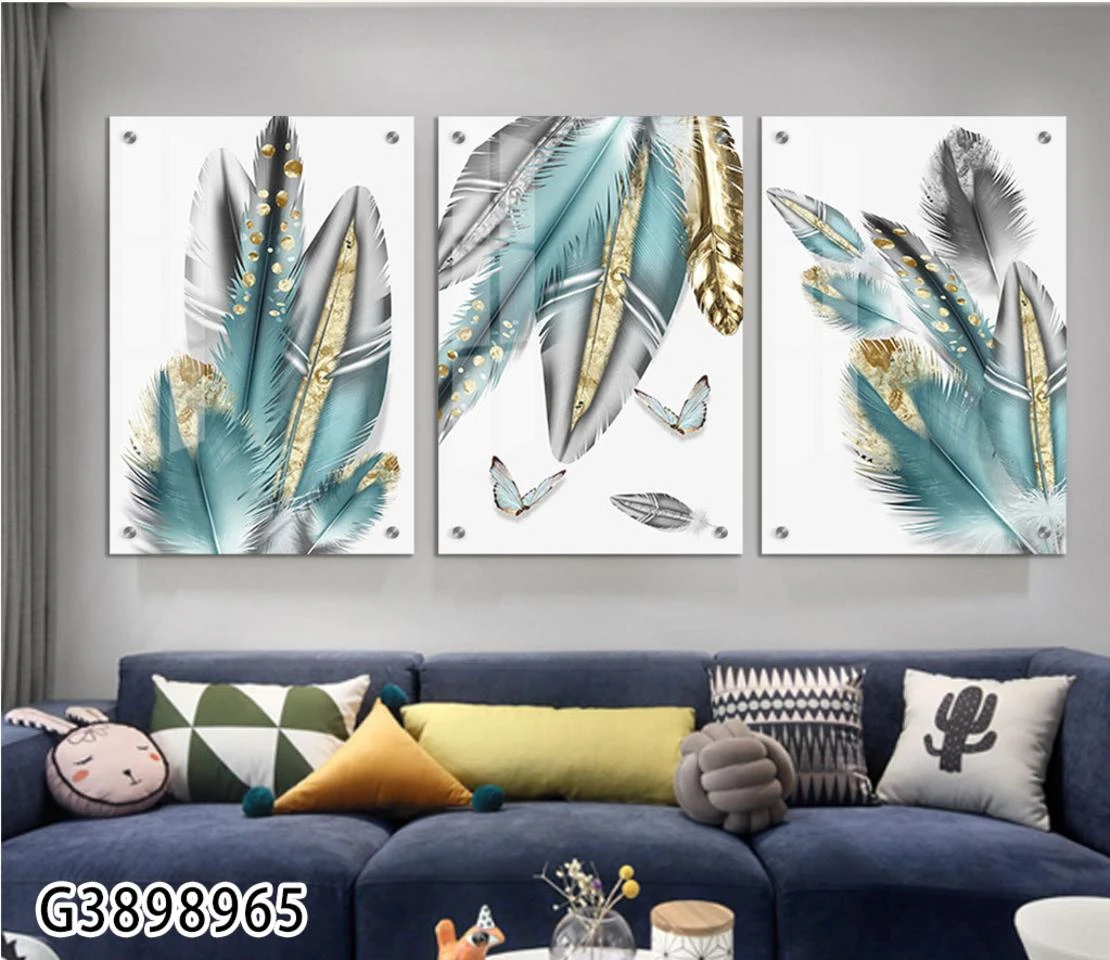 נוצות ופרפרים - טריפל תמונות זכוכית לסלון או חדר שינה דגם G3898965