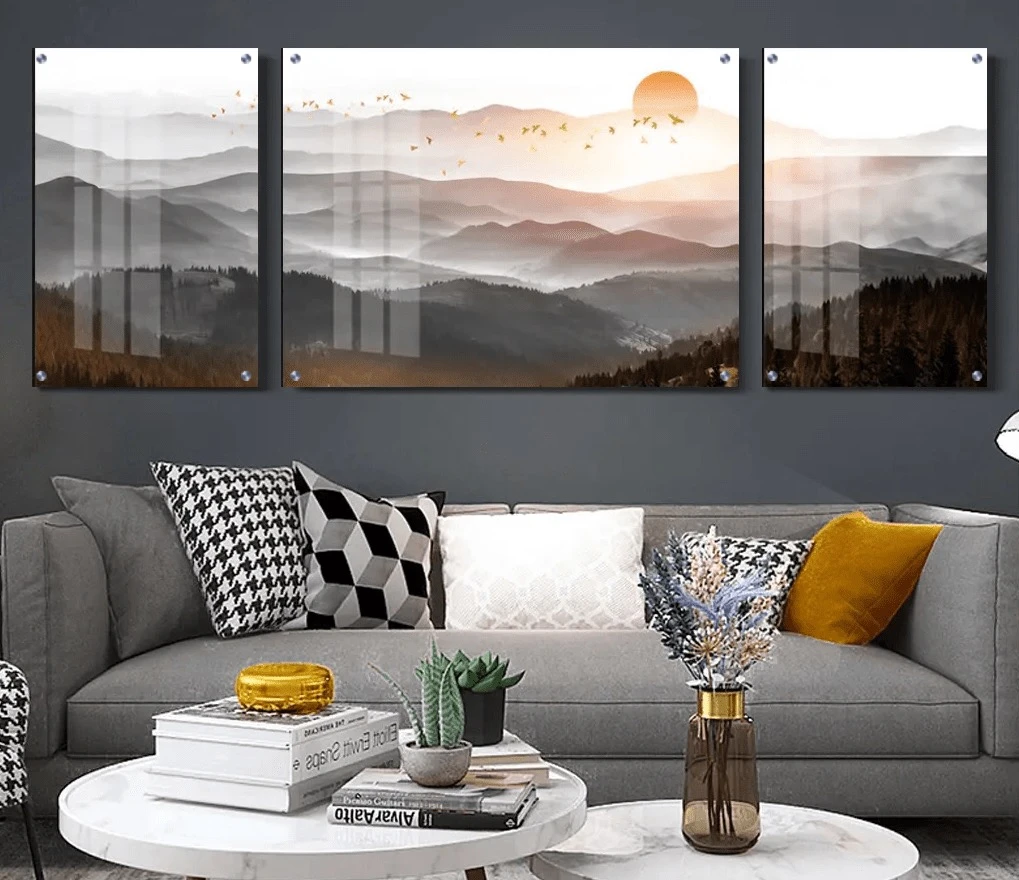 טרנדי: 3 תמונות זכוכית נוף הרים בגווני כתום, ירוק למטבח - דגם g24234156