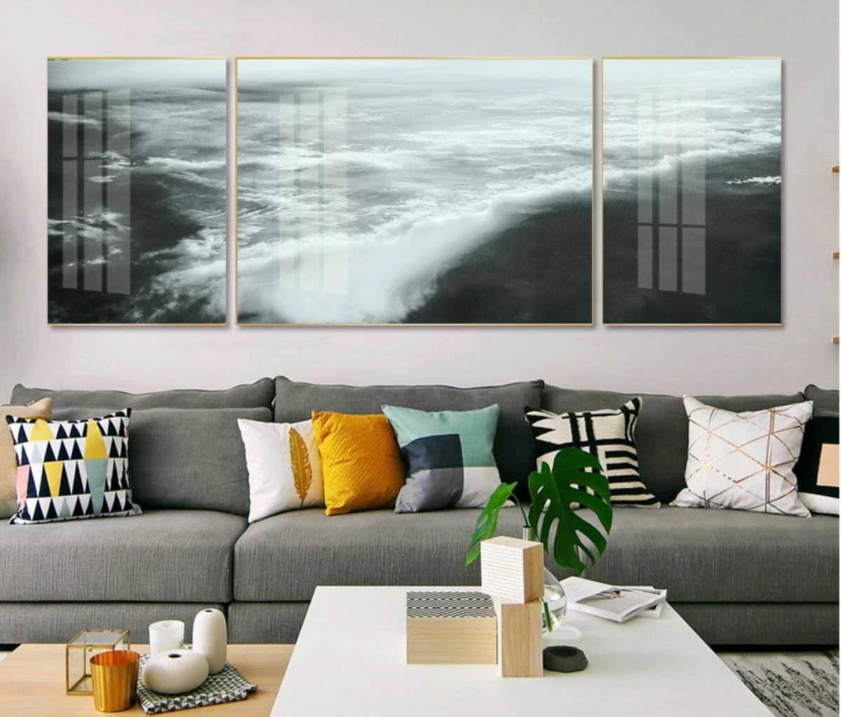 סט 3 תמונות של נוף ים גלים באפור תמונות זכוכית לסלון דגם 3728505