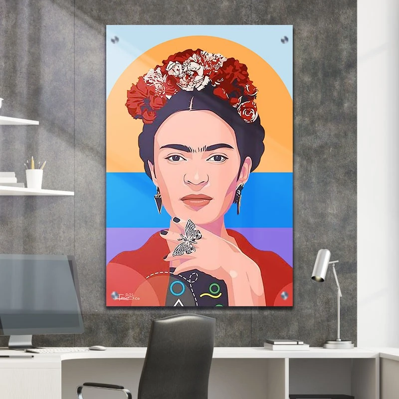 תמונת זכוכית פרידה קאלו לחדר שינה שקיעת החמה תמונת אמנות פופולארית על זכוכית בגווני חום, כתום, כחול - דגם galvtm47p2811