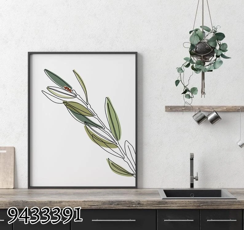 ציור עלים מינימליסטי - תמונה למטבח על קנבס מק"ט 9433391