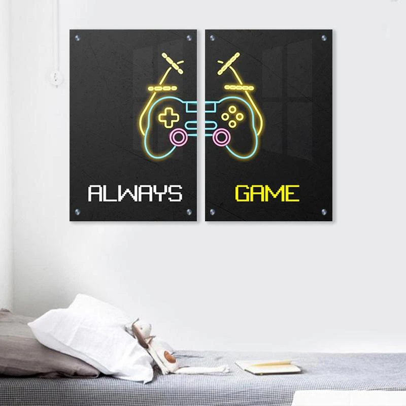 תמונה לחדר שינה גיימרים Always Game בגודל 40X60*2 ס"מ, 70X100*2 ס"מ  עיצוב בנושא גיימינג, משפטים מגיע בקנבס מתוח על מסגרת עץ, זכוכית ומנטים כסופים - דגם 135313