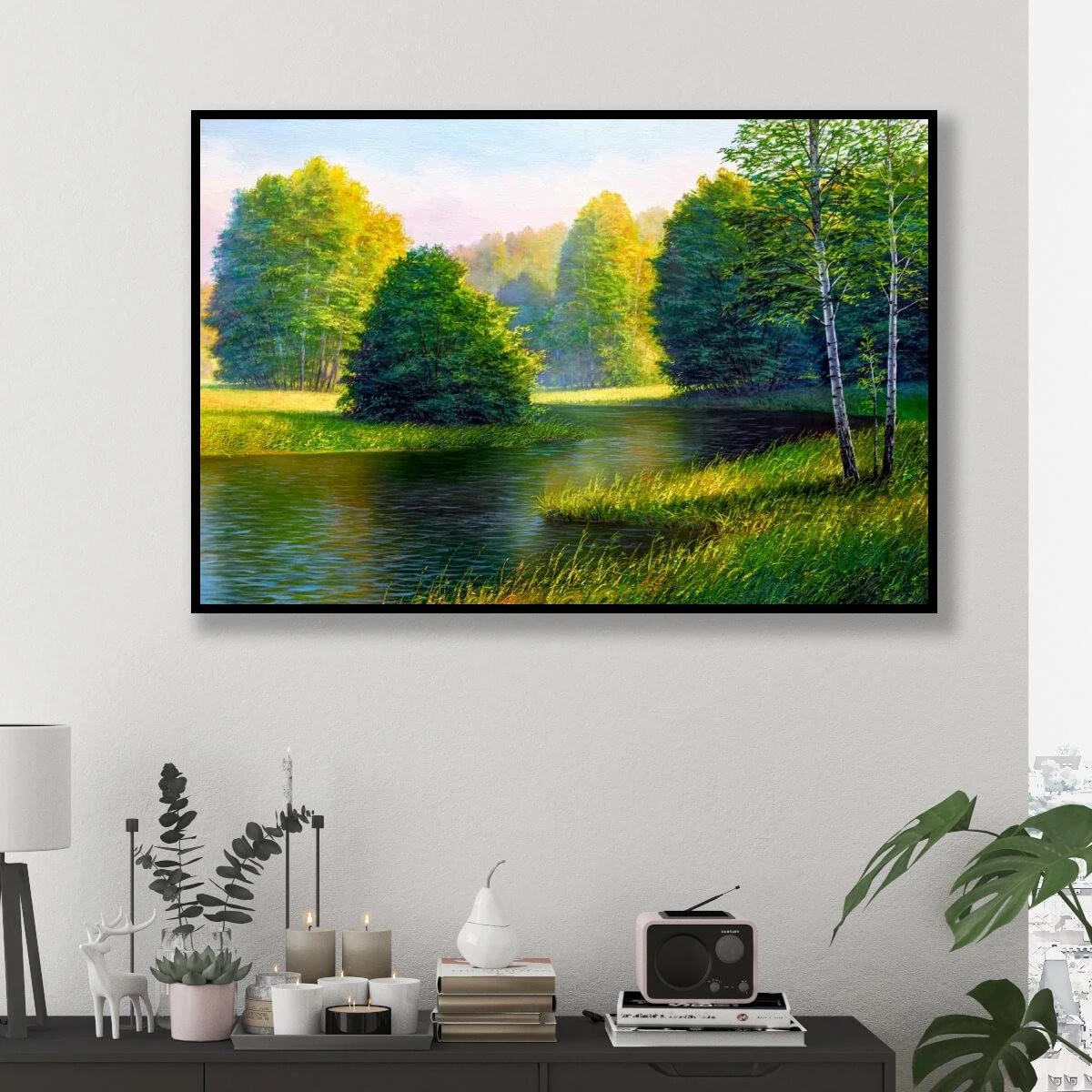 ציורים יפים של נוף ירוק עם נחל עצים ושמיים -הדפסה על קנבס או זכוכית לבית או למשרדים מעוצבים דגם 3728387