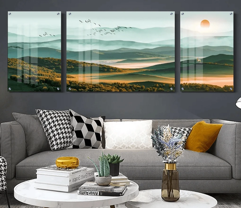 טרנדי: 3 תמונות זכוכית הרים נופים צבעוני ירוק בגווני ירוק, אפור לחדר שינה - דגם g24231110