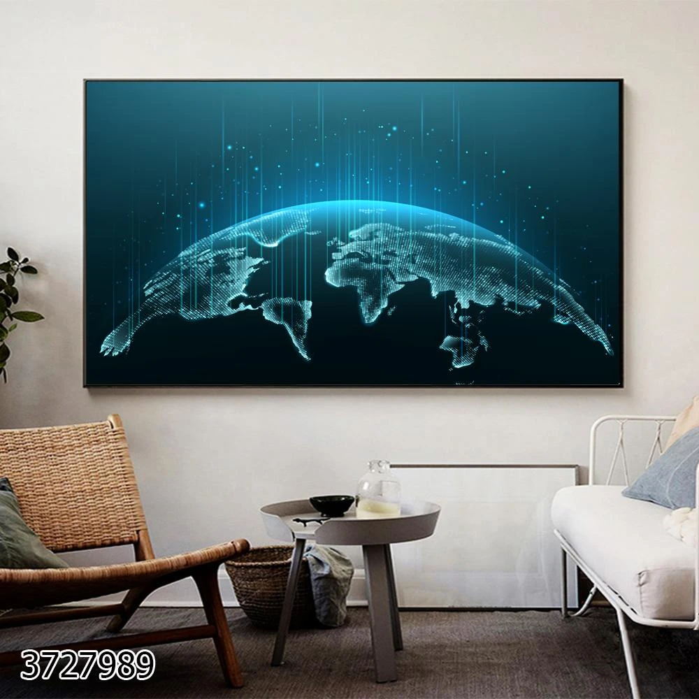 מפת העולם על רקע גיאומטרי תמונת זכוכית עתידנית חדשנית לתלייה במשרד דגם 3727989