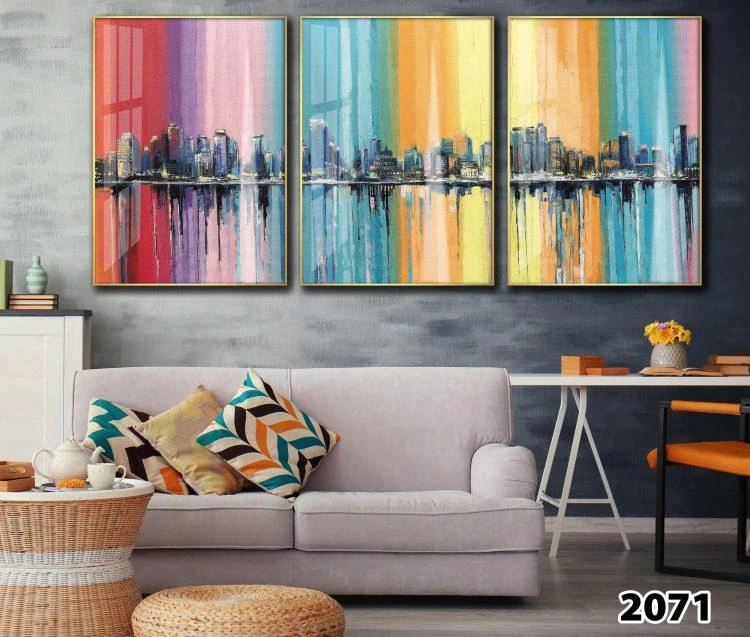ציור אבסטרקטי בחלקים - סט 3 תמונות מצוירות לסלון דגם 2071