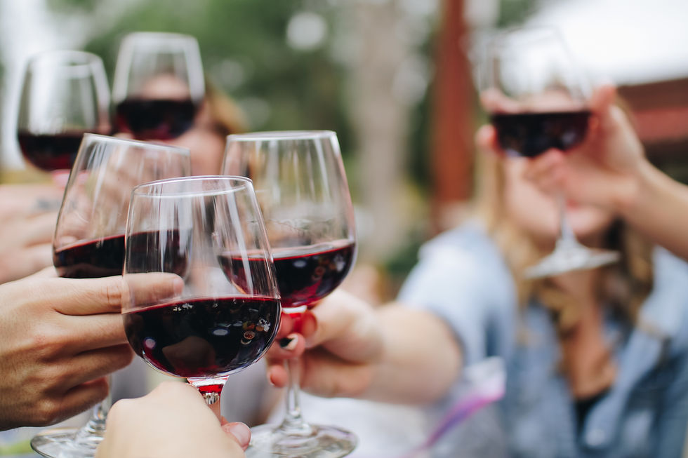 Hands clinking glasses of italian red wine in an outdoor setting, creating a joyful, festive mood with a blurred background.