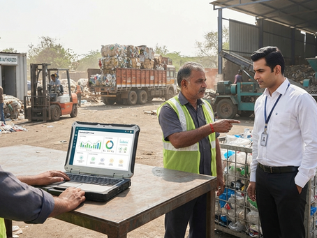 Indian recycling plant supervisor and auditor reviewing digital dashboard for EPR Certificate Trading