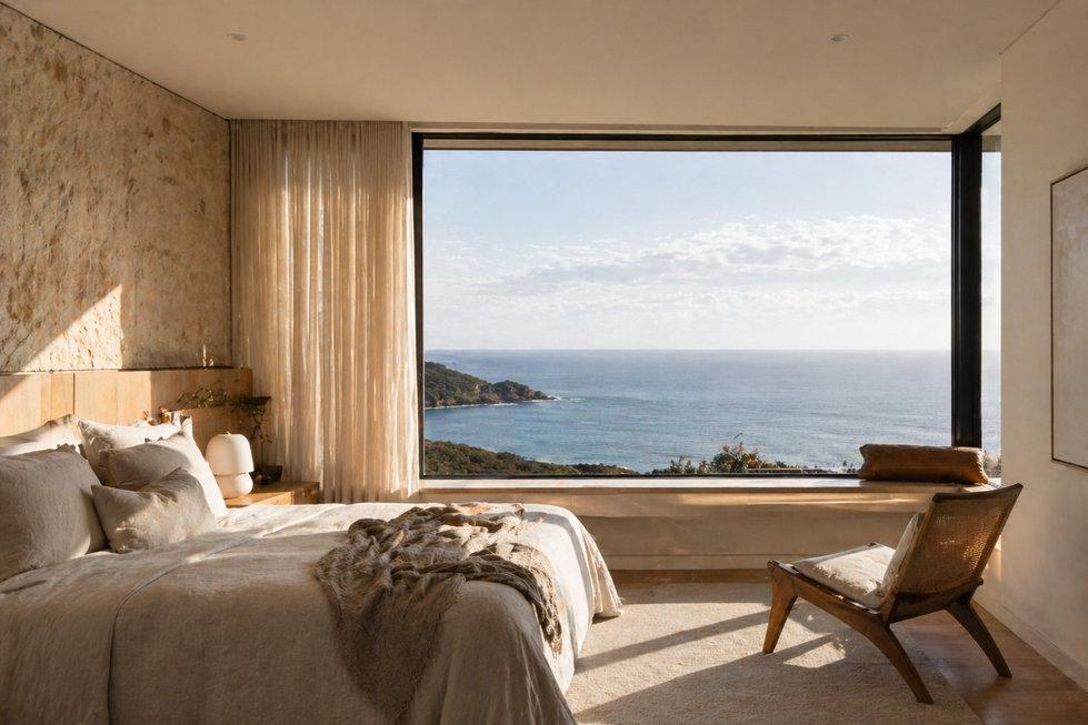 Minimal coastal bedroom with large window, soft natural light, linen bedding, and landscape view