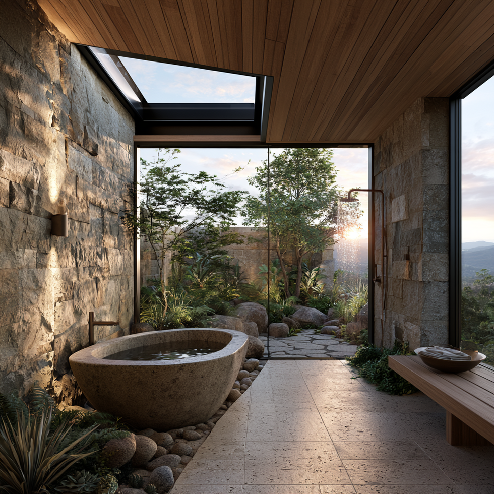 Luxury spa bathroom featuring a freestanding stone bathtub, timber ceiling, skylight, natural stone walls, and views into a private landscaped garden.