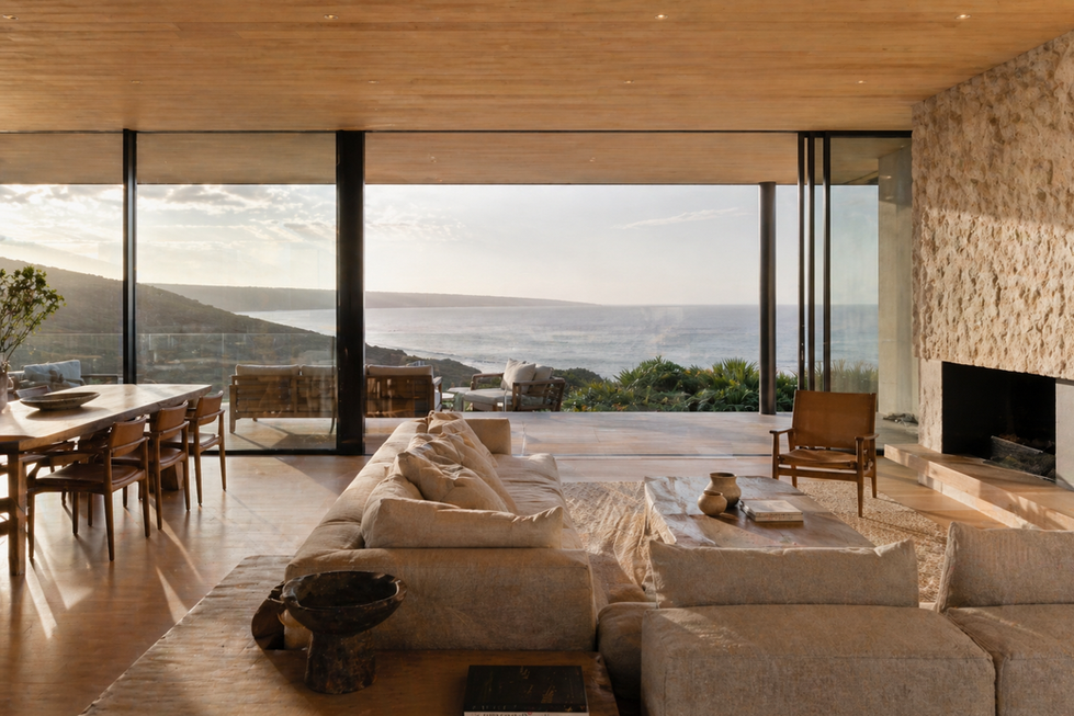 Open plan living space with floor to ceiling glazing, ocean view, timber flooring, and soft neutral interior in modern Australian house