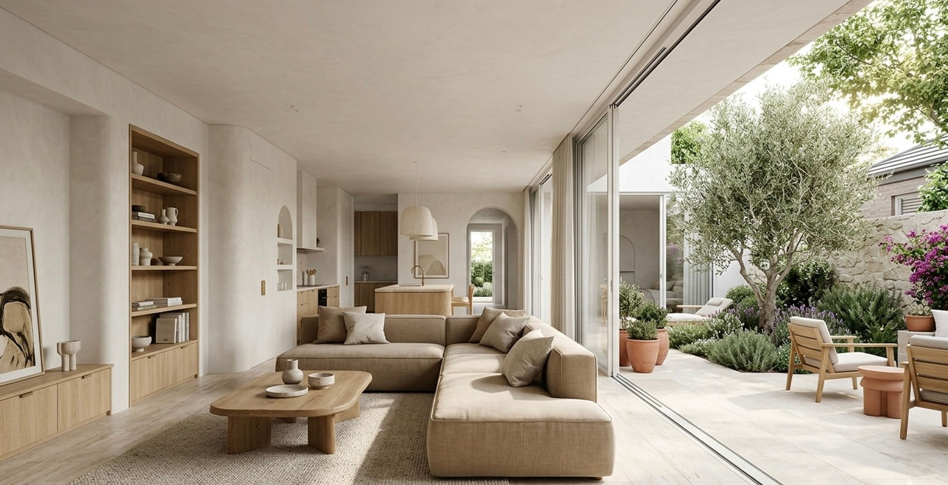 Minimal contemporary residence with warm natural interiors, soft arched openings, timber detailing, and a landscaped Mediterranean-inspired courtyard connected through expansive sliding glazing.