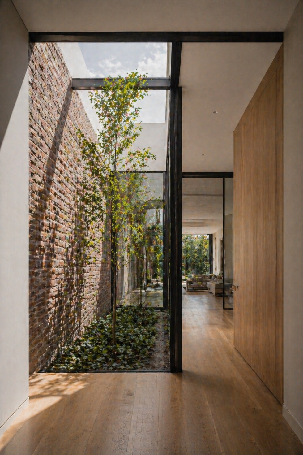 Internal courtyard in narrow terrace house with exposed brick wall, glass framing, and small tree bringing natural light into interior