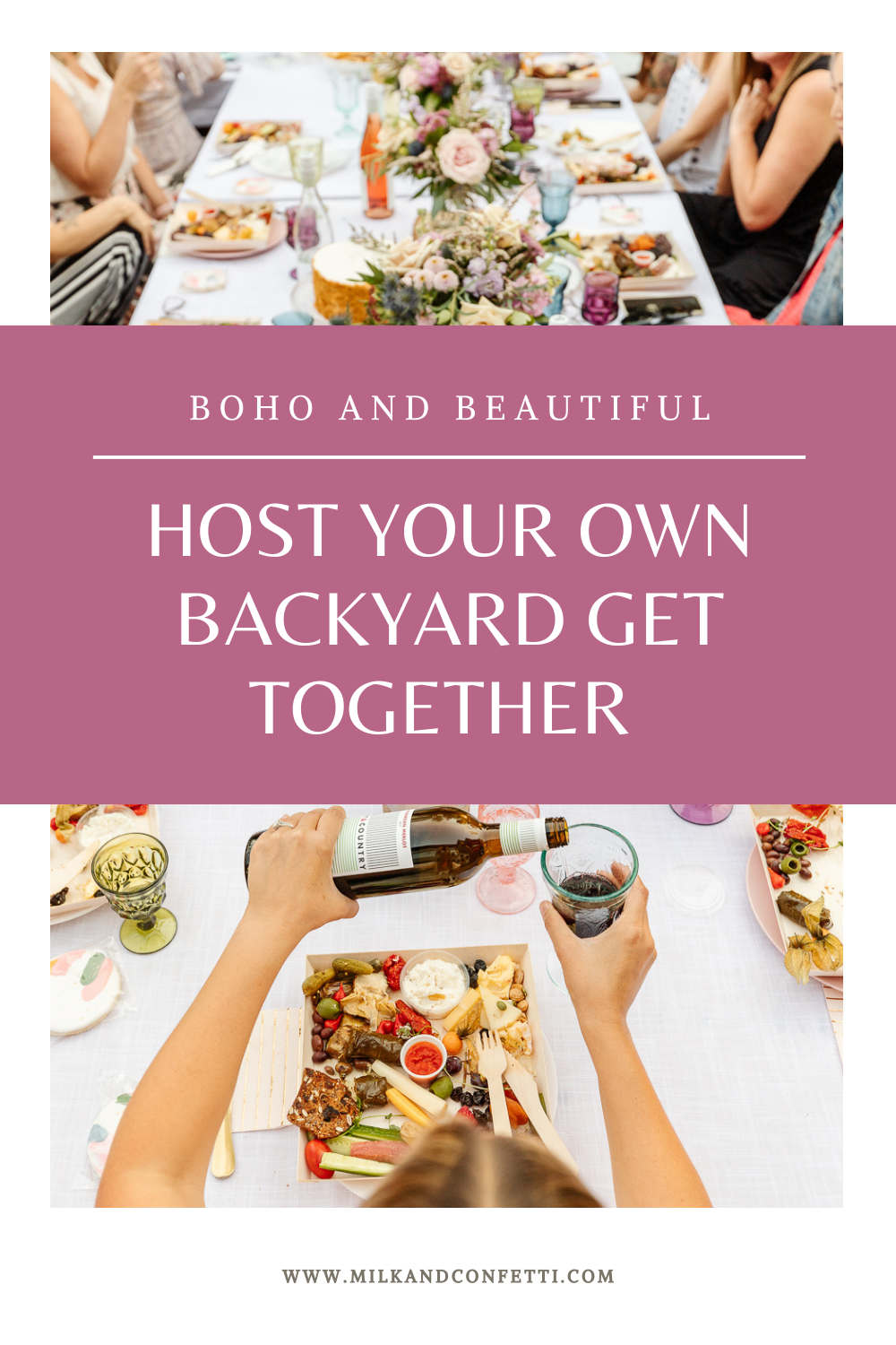 An evening backyard boho garden party with gorgeous flowers, velvet throw pillows, vintage rugs, charcuterie wine, twinkle lights, coloured glasses, personalized gift boxes, boho decor and all your best girlfriends.