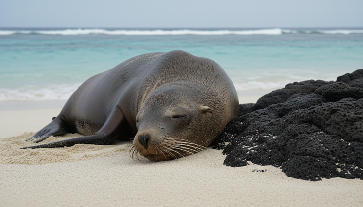 Wide-angle view of a Galapagos sea lion resting on a sandy beach near black lava rocks