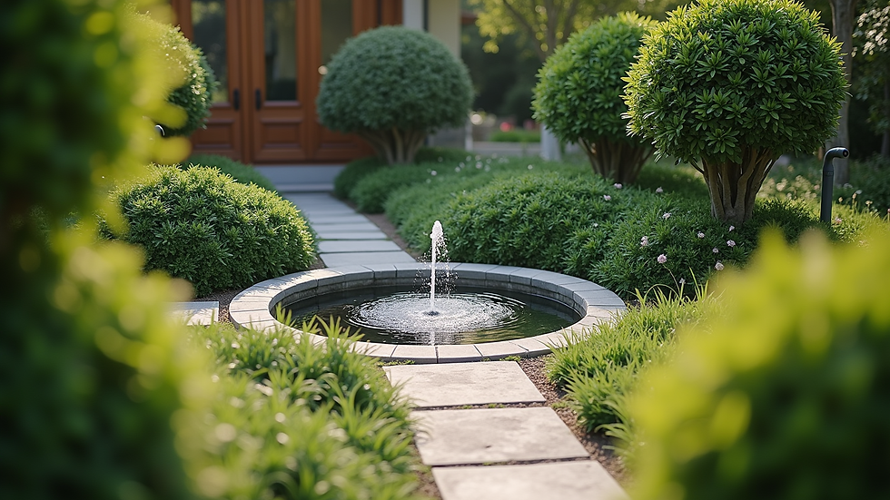 High angle view of a peaceful garden with a small water fountain and greenery
