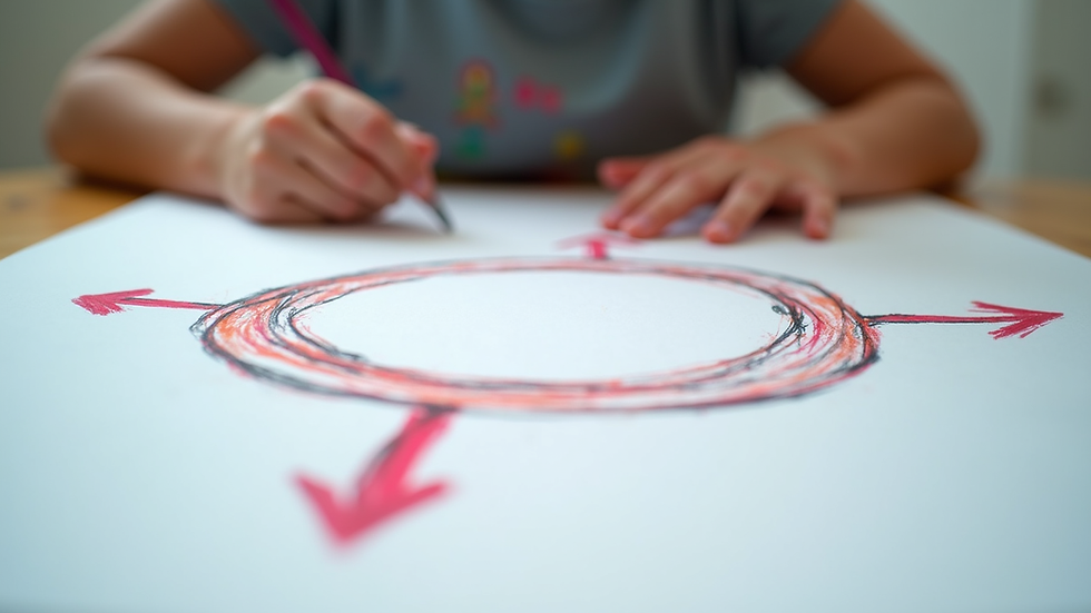 Eye-level view of a child’s drawing of a circle with arrows