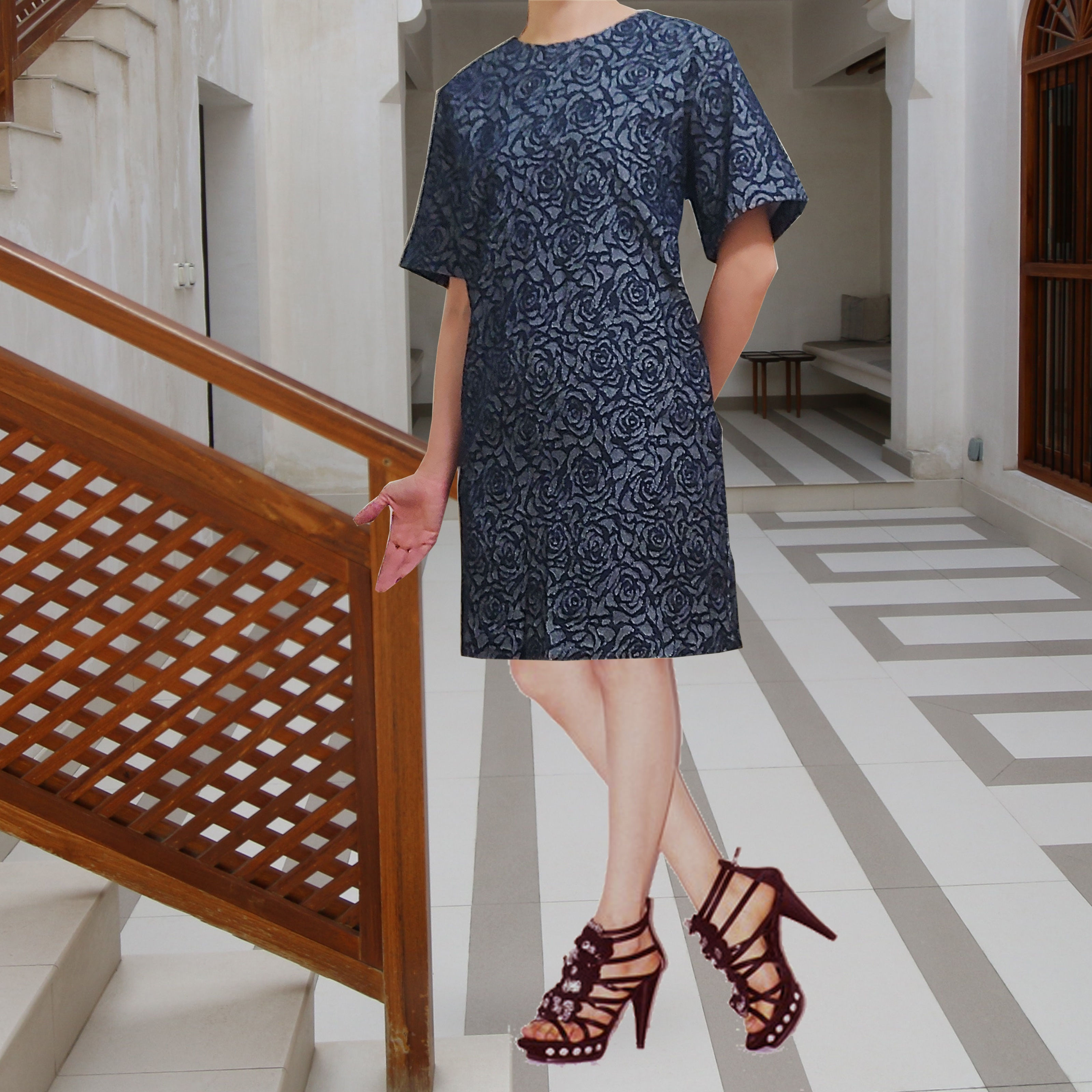 Deep Blue Rose Pattern Dress OP7 (Korean Fashion)