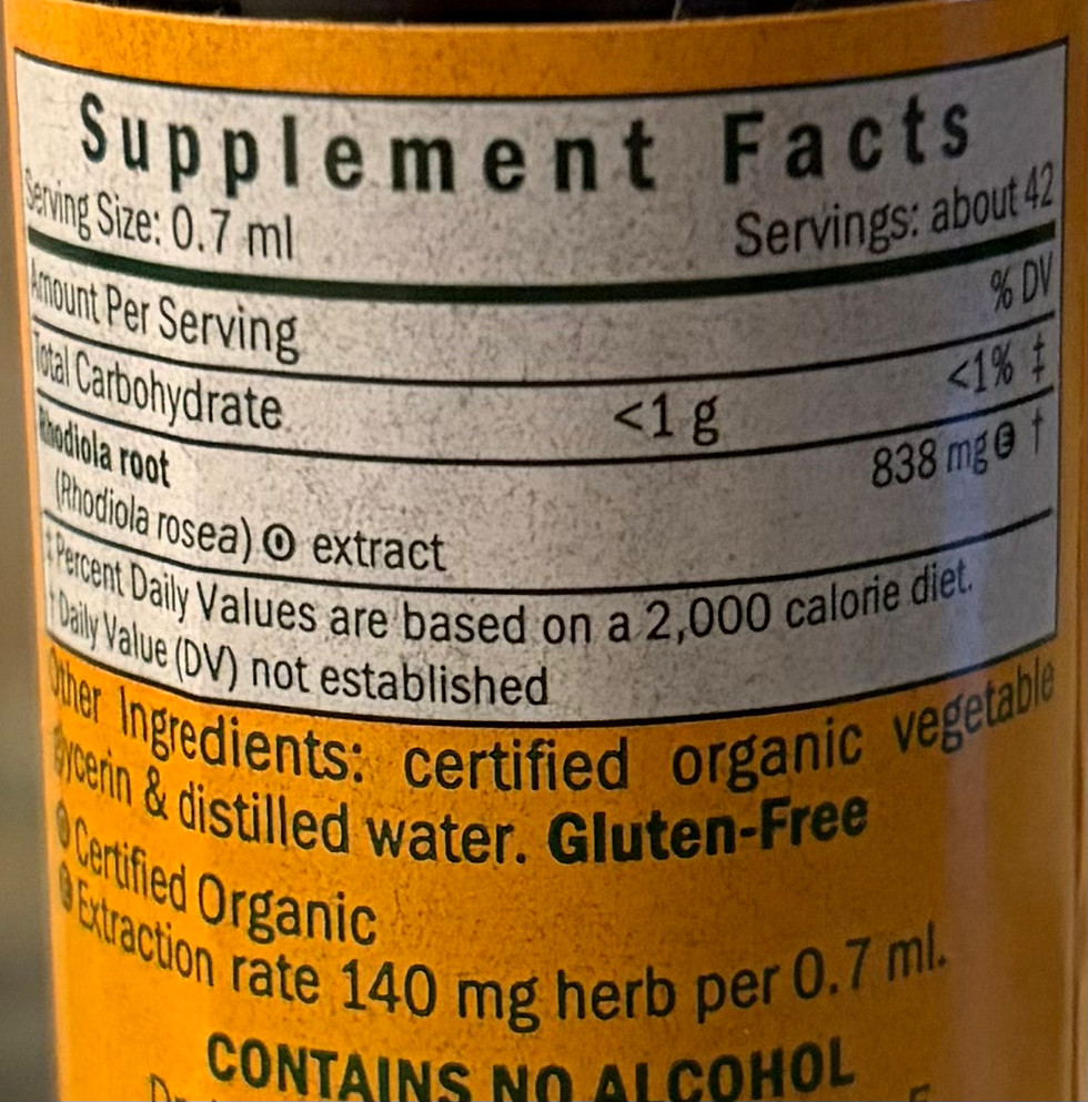 Rhodiola Glycerite supplement fact panel