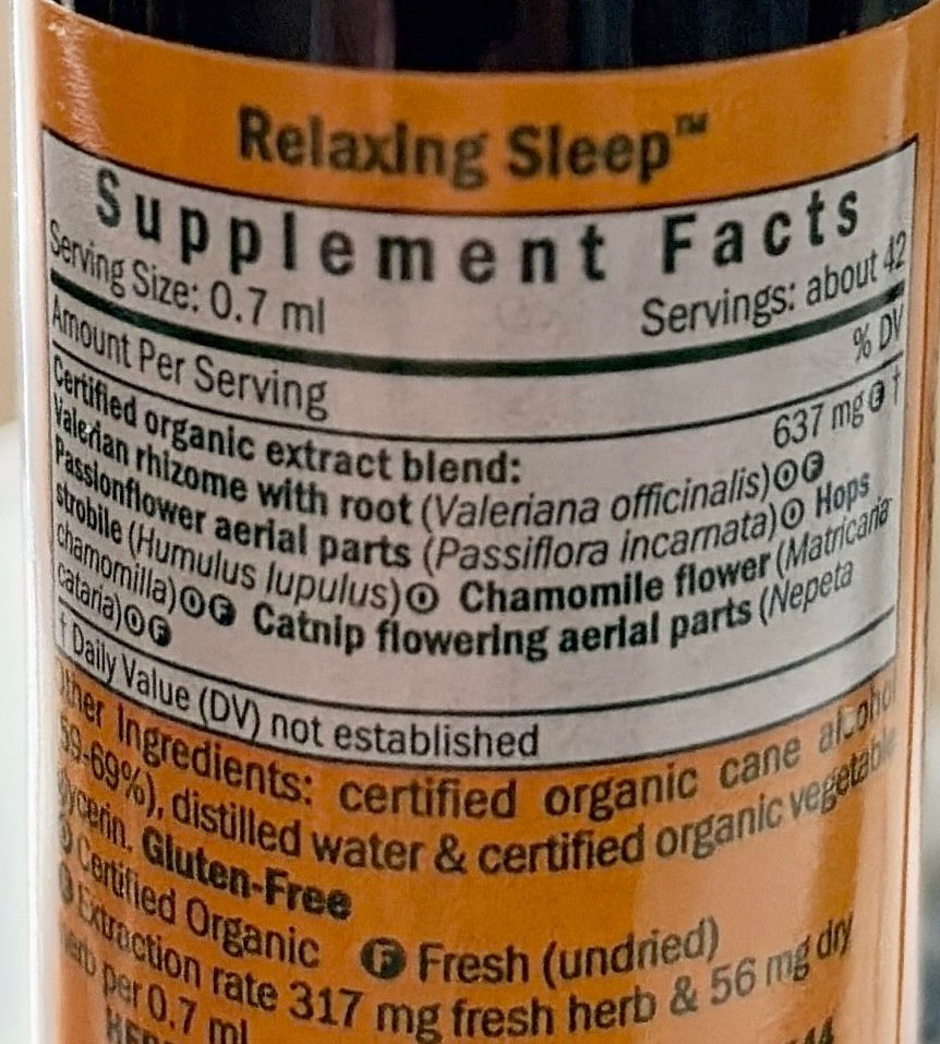 Relaxing sleep supplement fact panel