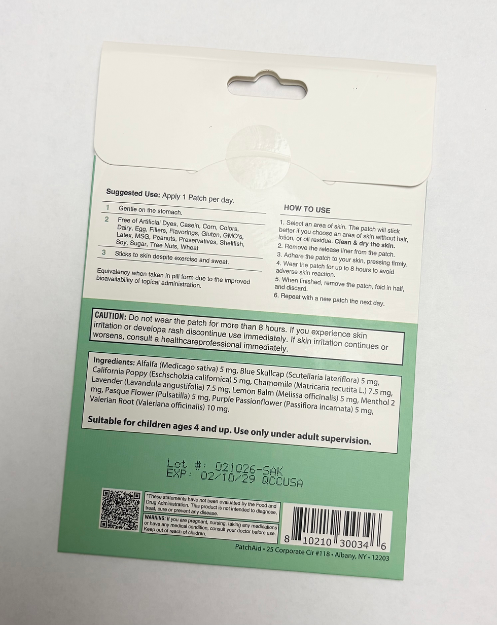 PatchAid Melatonin-Free Sleep Aid supplement panel label
