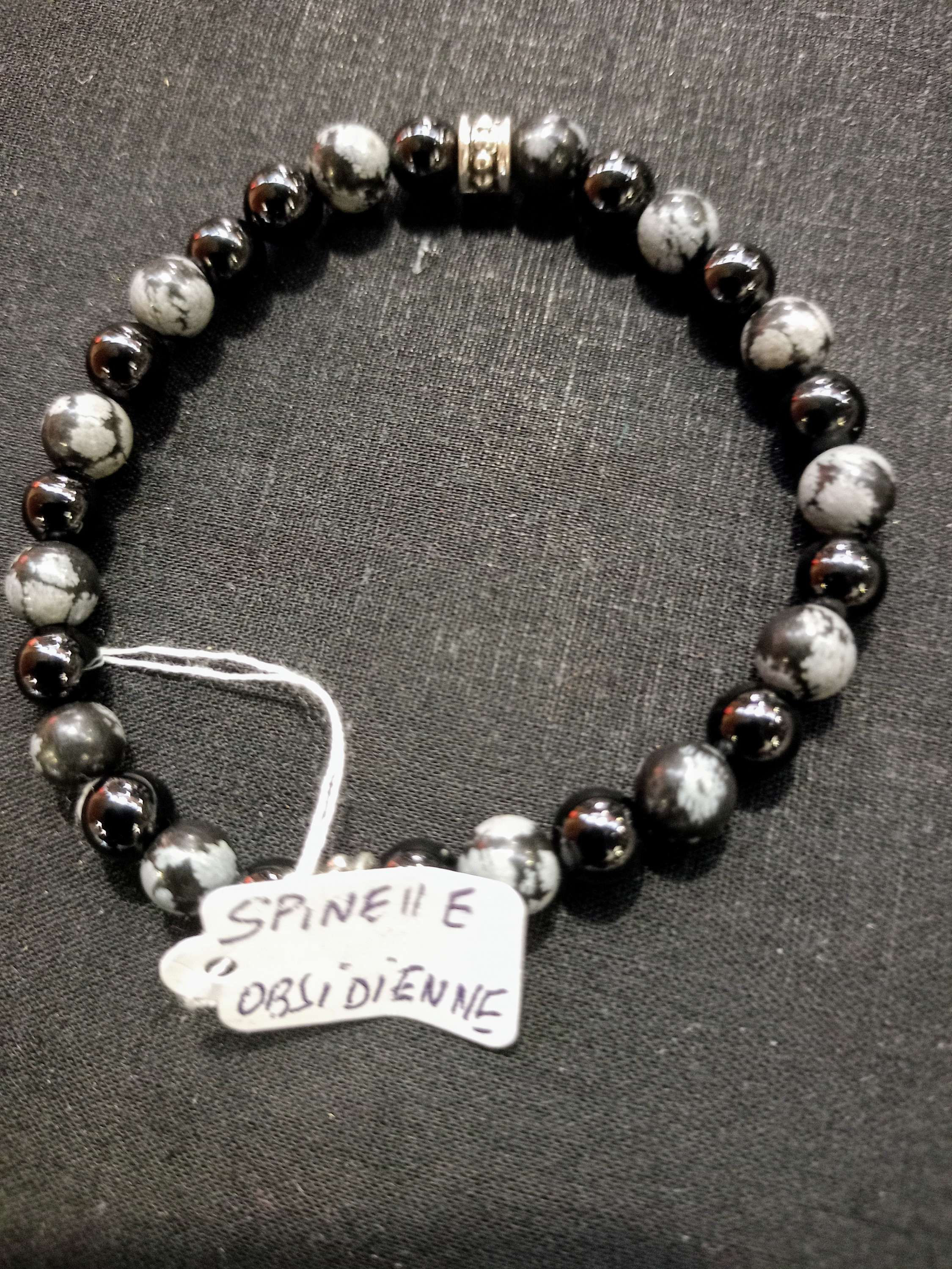 Bracelet spinelle noire et obsidienne neige 6 mm