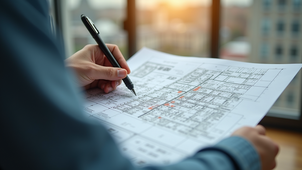 Eye-level view of a planner reviewing site plans