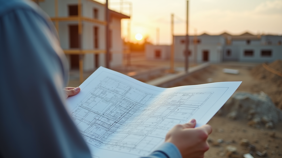 Close-up view of a contractor reviewing building plans on site