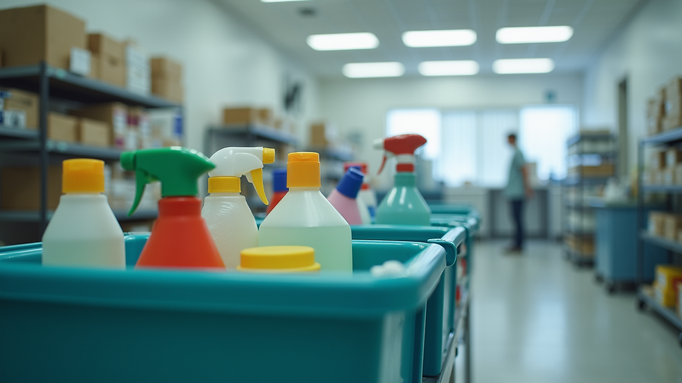 Eye-level view of a cleaning cart filled with supplies