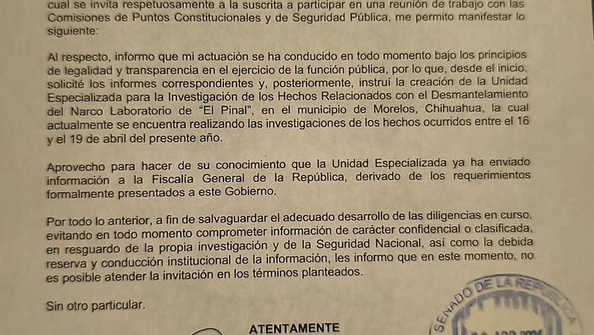 Maru Campos declina acudir al Senado para no afectar investigaciones en curso