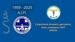 mmagine di auguri per il compleanno di AIFI, storica associazione della fisioterapia italiana, con messaggio istituzionale e loghi ufficiali