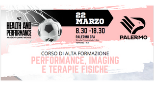 Locandina del corso di alta formazione “Performance, Imaging e Terapie Fisiche” patrocinato dall’Ordine dei Fisioterapisti Palermo Trapani presso la City Football Academy del Palermo FC