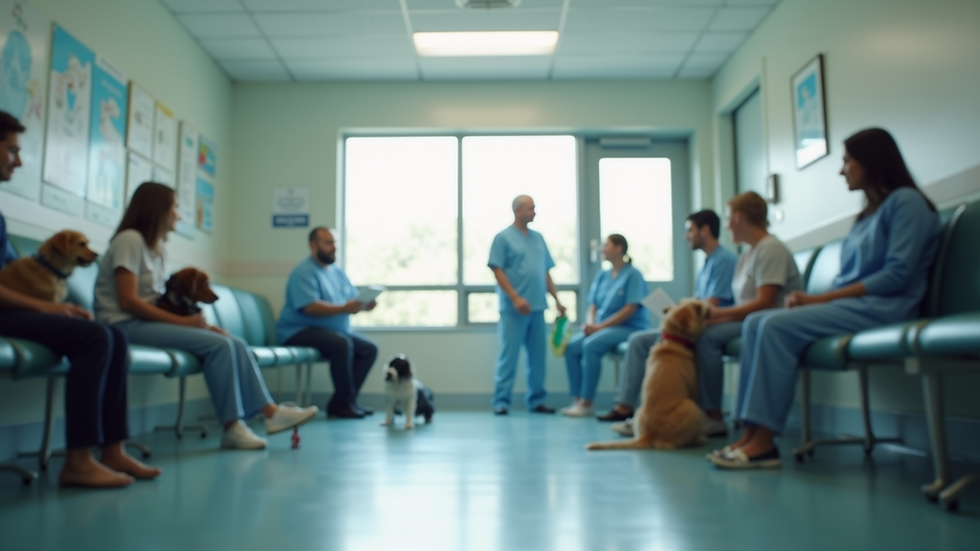 Eye-level view of a veterinary clinic's waiting area with pets and their owners