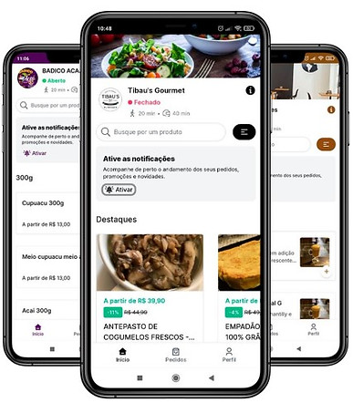Tela de um cardápio digital, acessado por um celular, mostrando os itens disponÃveis em um delivery integrado ao sistema PDV