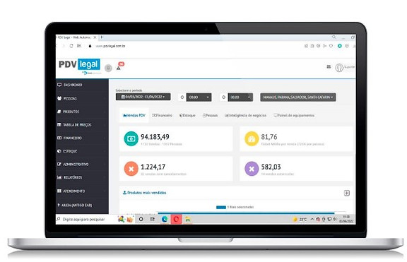 A interface do PDV Legal, exibida em um laptop, mostra o painel de controle do sistema com métricas de vendas, permitindo uma