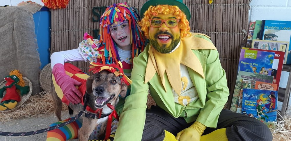 Cachorro fantasiado de Emília, a famosa boneca de pano da turma do Sítio do Picapau Amarelo. — Foto: Divulgação/ ONG Chico Pata