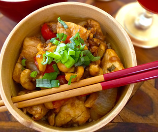 Velvet chicken with cashews n red bamboo bowl, by Ingrid Burling