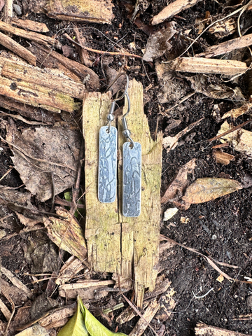 Silver earrings on bark.