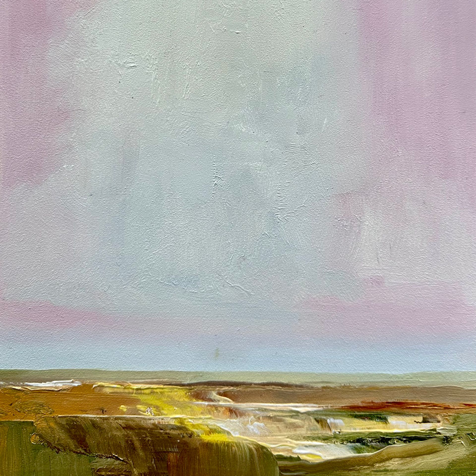 Oil painting of clouds over an imaginary flooded landscape.