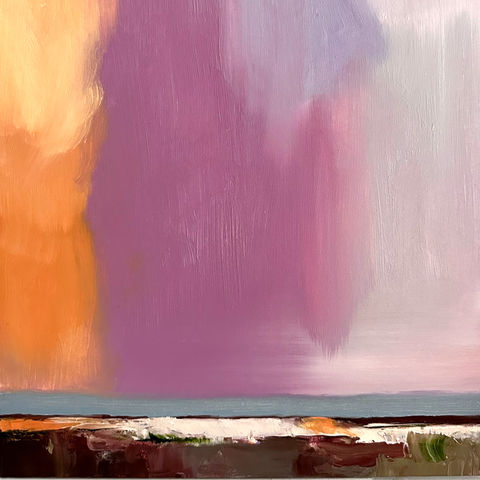 Oil painting of orange and purple clouds oven the sea.