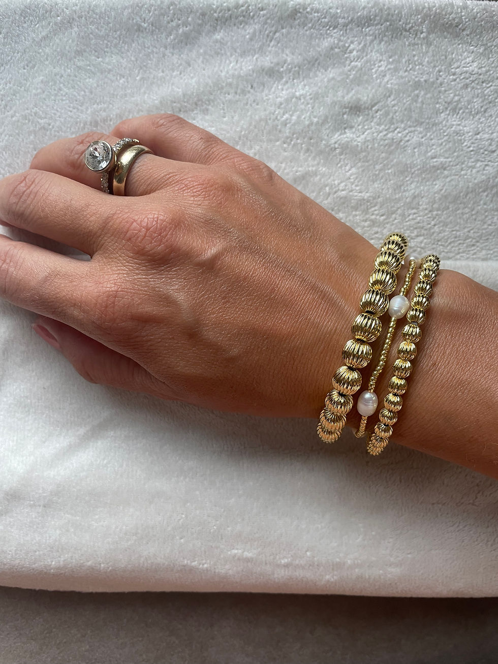 Thumbnail: Armbandenset 3 elastische armbandjes goud_parel
