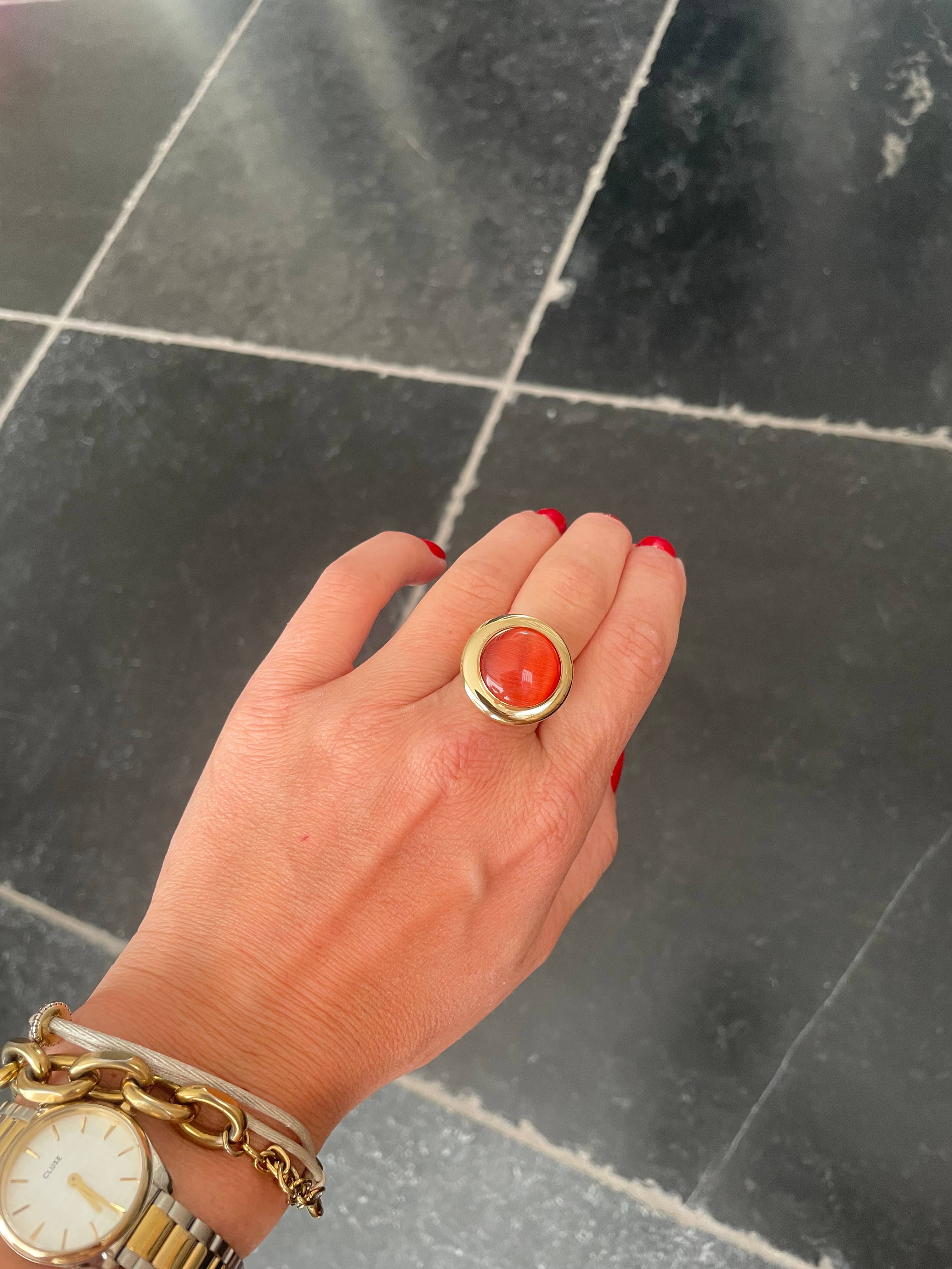 Stainless steel verstelbare ring cats eye stone koraal