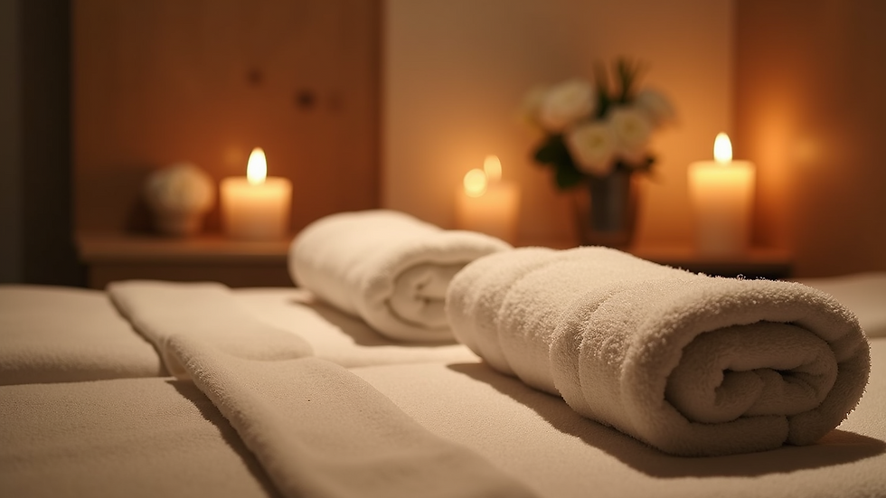 Close-up view of a spa treatment room with candles and soft towels