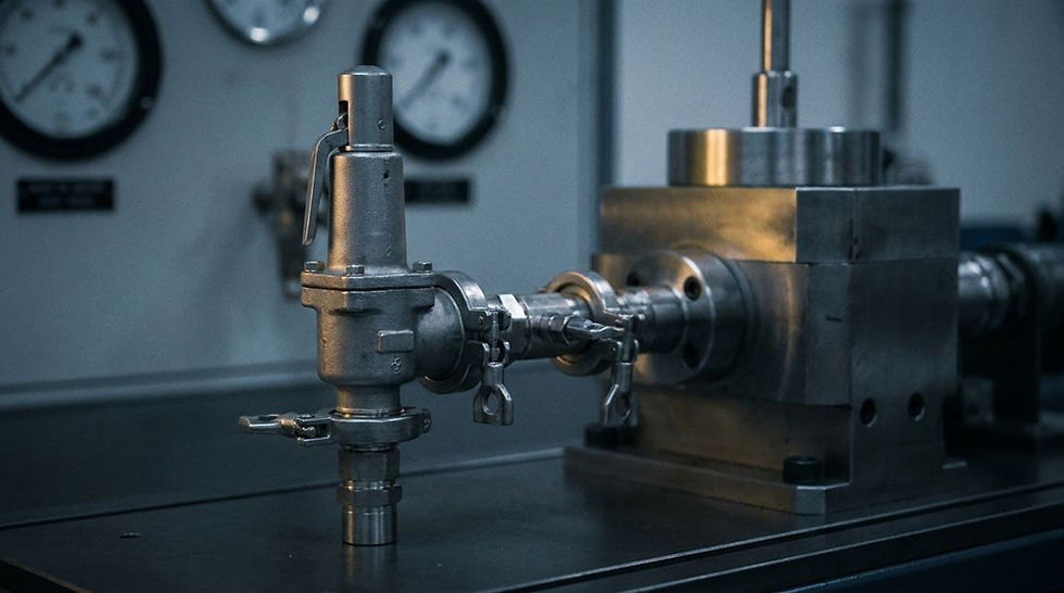 Válvula de segurança montada em bancada de calibração de laboratório