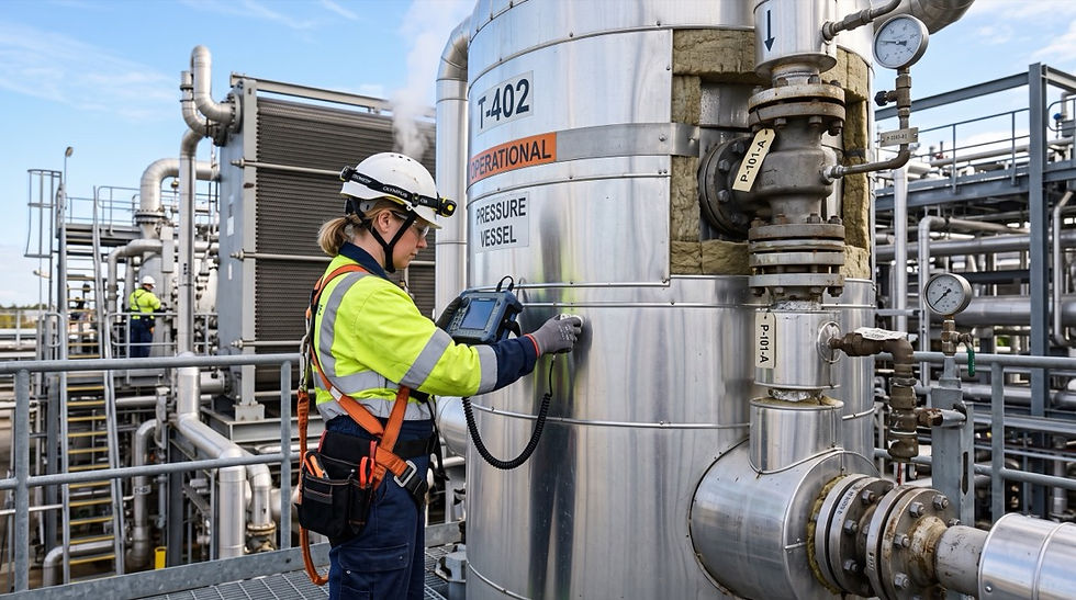 Técnico realizando inspeção não intrusiva pelo lado externo de vaso de pressão isolado em operação